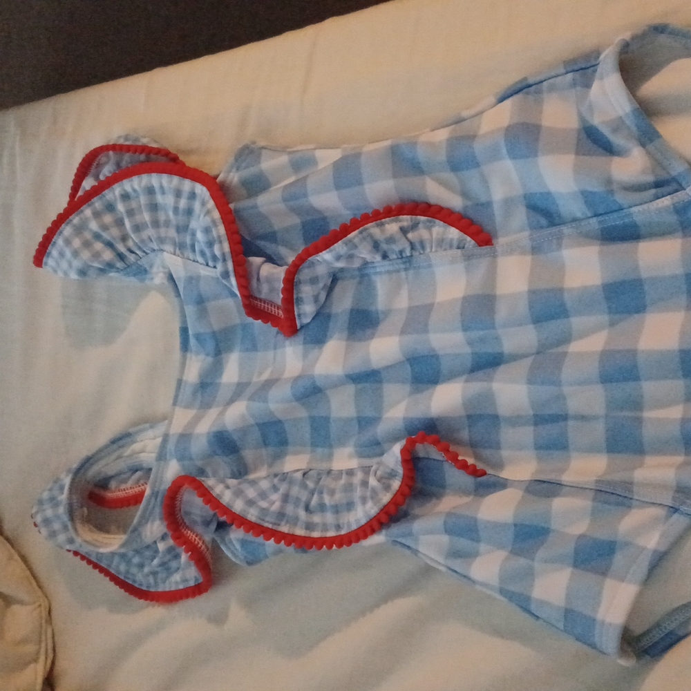Little girl blue & white plaid one piece swimsuit. Dorothy from the wizard of Oz